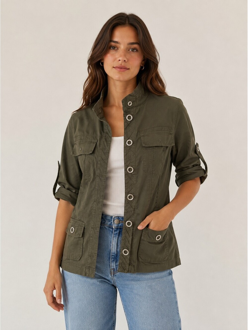 Stefano Cocci Olive Utility Jacket Safari Military Cotton Snap Front S